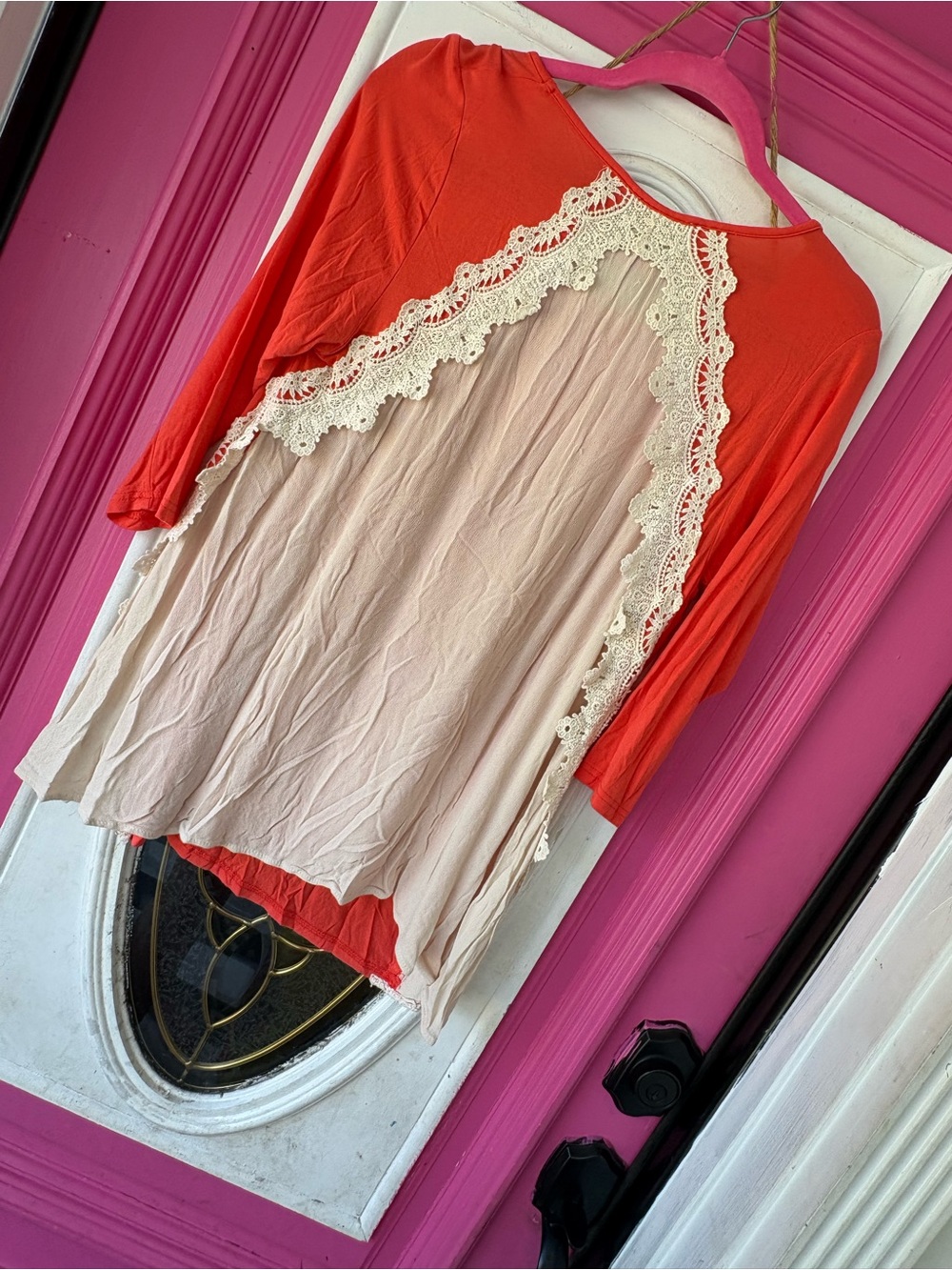 Umgee Coral Tunic with Cream Lace Panels